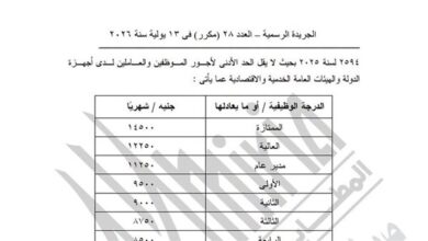 بعد تطبيق زيادة المرتبات 2026.. الجريدة الرسمية تكشف جدول الرواتب الجديدة للعاملين بالدولة