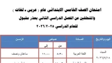 جدول امتحانات الدور الثاني للخامس الابتدائي بالجيزة 2026