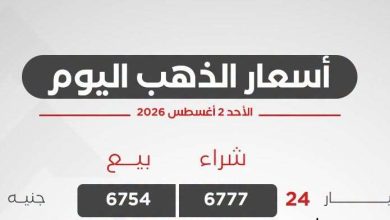 أسعار الذهب اليوم الأحد 2 أغسطس 2026