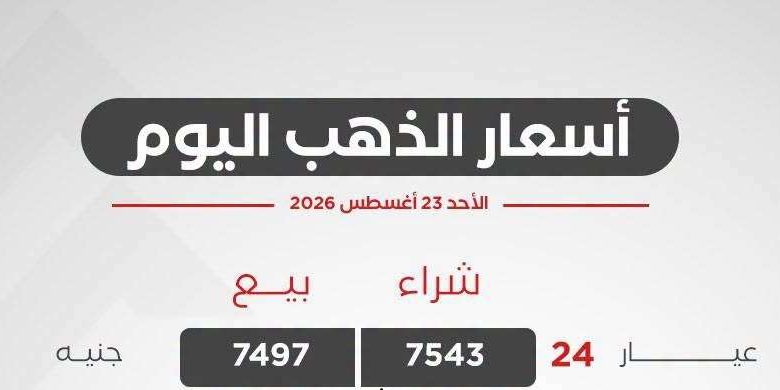 أسعار الذهب اليوم الأحد 23 أغسطس 2026