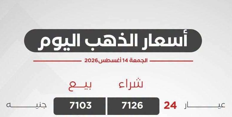 أسعار الذهب اليوم الجمعة 14 أغسطس 2026